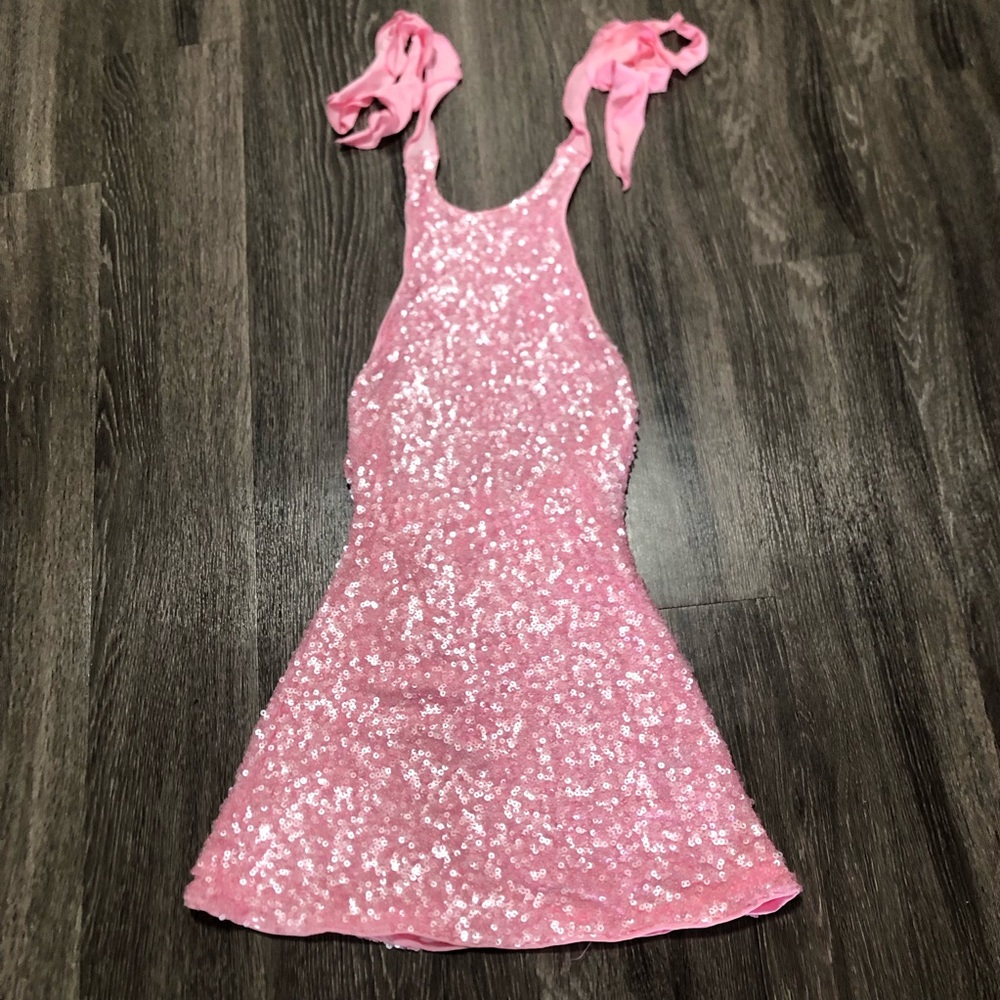 SHEIN Pink Sequin Tie-Strap Mini Dress